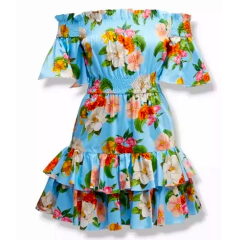 $836 Borgo De Nor Kini Off-Shoulder Ruffle Mini Dress US 6 Ocean Floral Blue